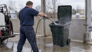 Technician pressure washing residential trash bin