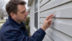 White chalk residue on faded vinyl siding