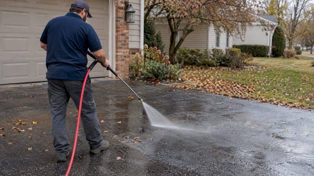 Technician gently rinsing a residential asphalt driveway