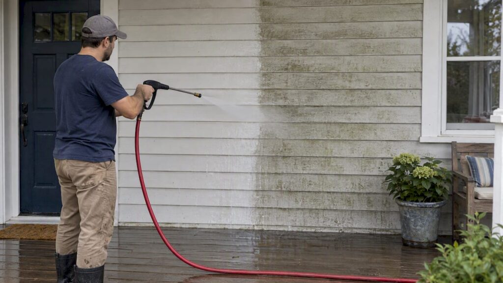 Pressure washing painted wood siding before painting
