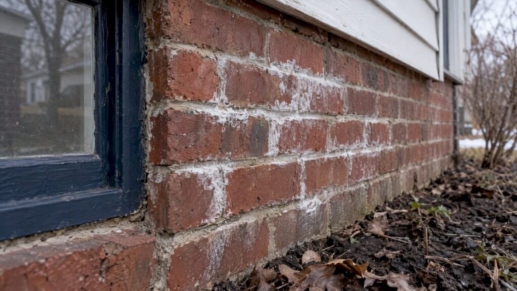 White salt deposits across brick mortar joints