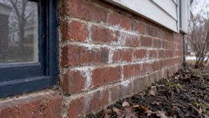 White salt deposits across brick mortar joints