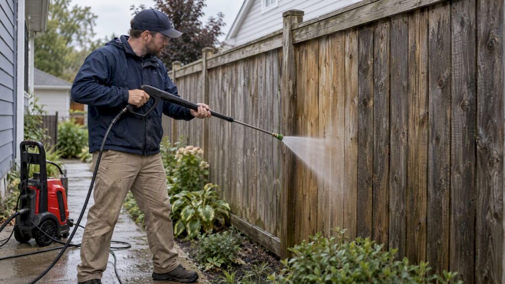 Homeowner gently washing a cedar fence