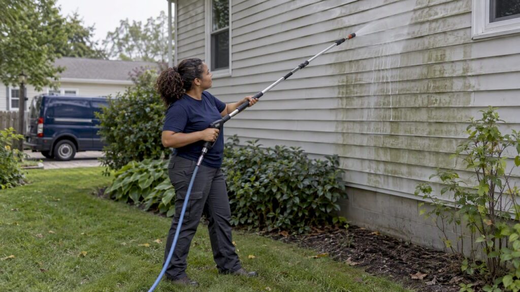 Technician soft washing shaded home siding